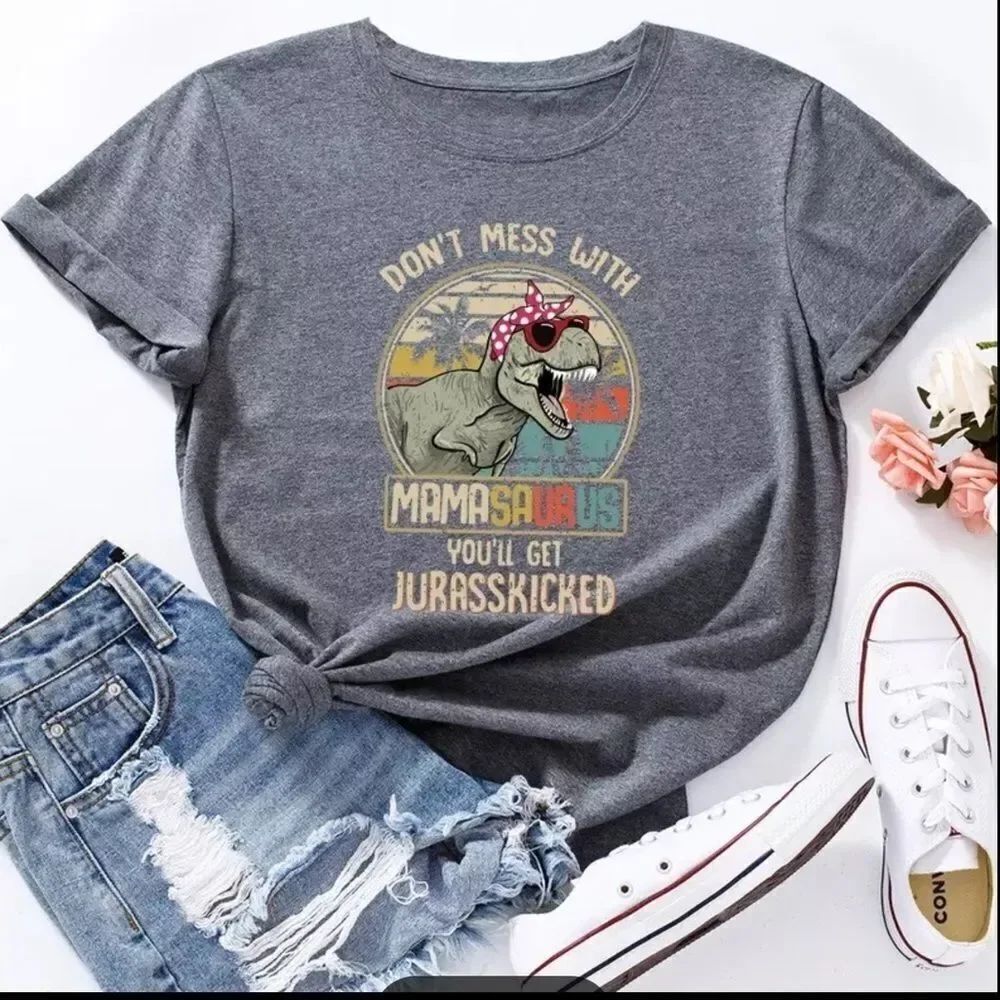 Gray Graphic Mama Dinosaur Rockabilly Jurassic Dinosaur Cotton Tee Shirt -NEW